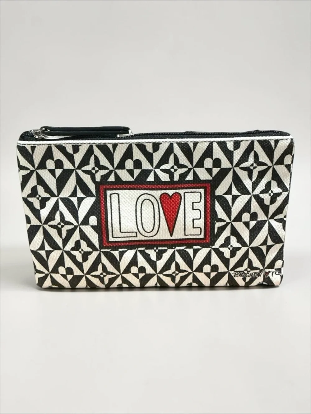 Brighton Love Wristlet Cosmetic Bag Makeup Pouch Black White Hearts
